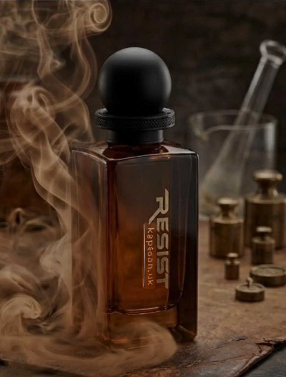 Resist perfume bottle in a smoky perfumer's studio